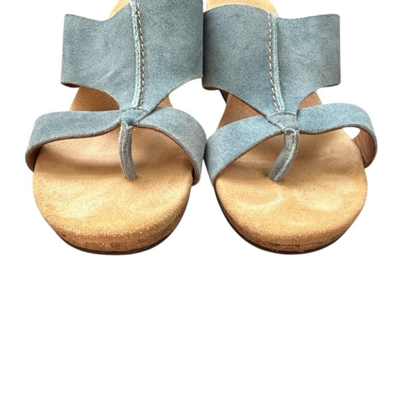 Clarks Elements Soft Suede Soft Cork Heel Cushion Thong Blue Sandal Sz 10 - Picture 1 of 13